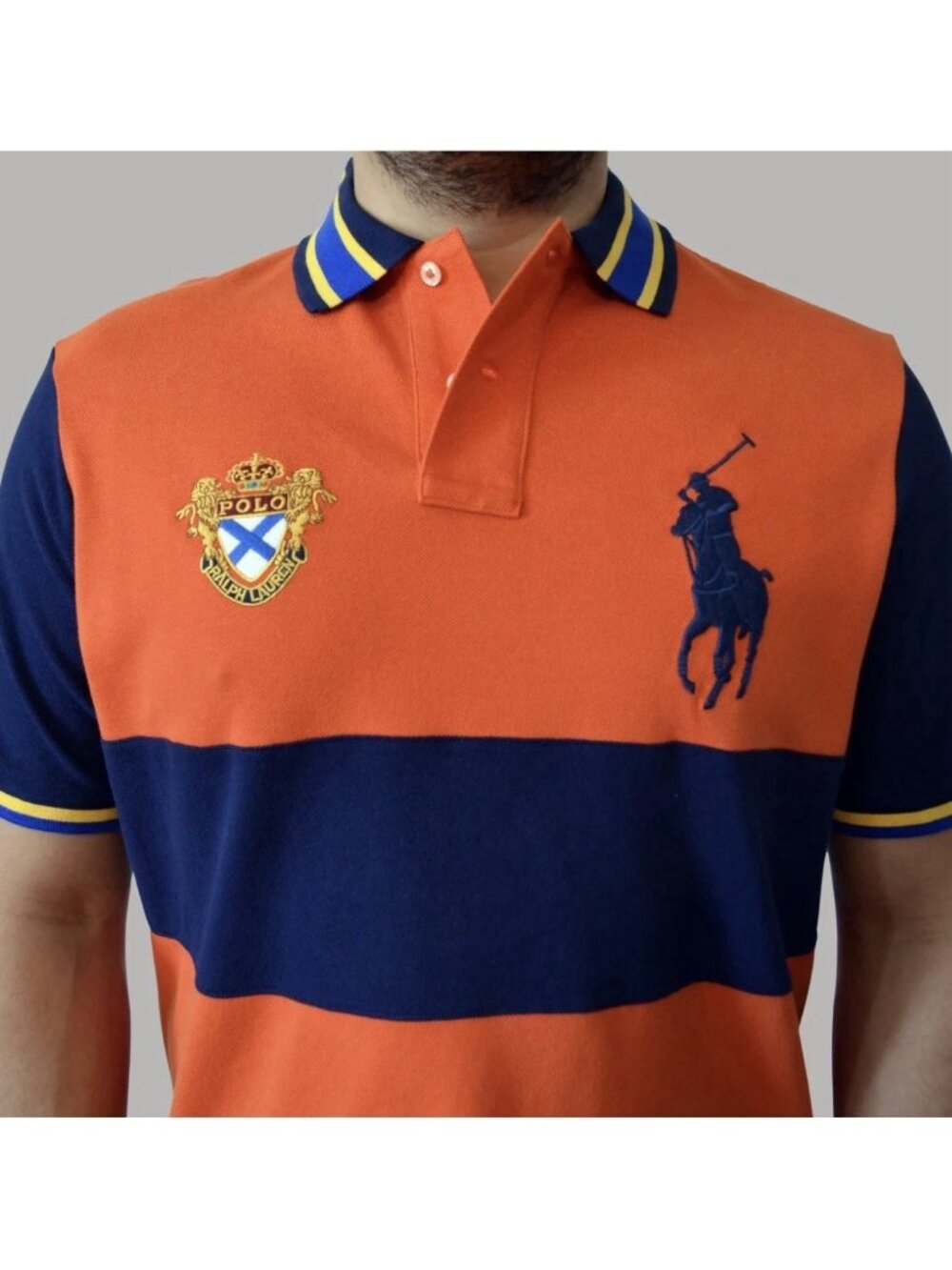 Polo Ralph Lauren Mens Big Pony Crest Logo Polo Shirt Orange Blue Stripe Sz M